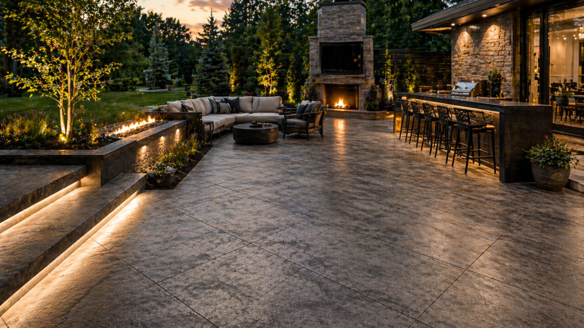 Stamped concrete outdoor living space